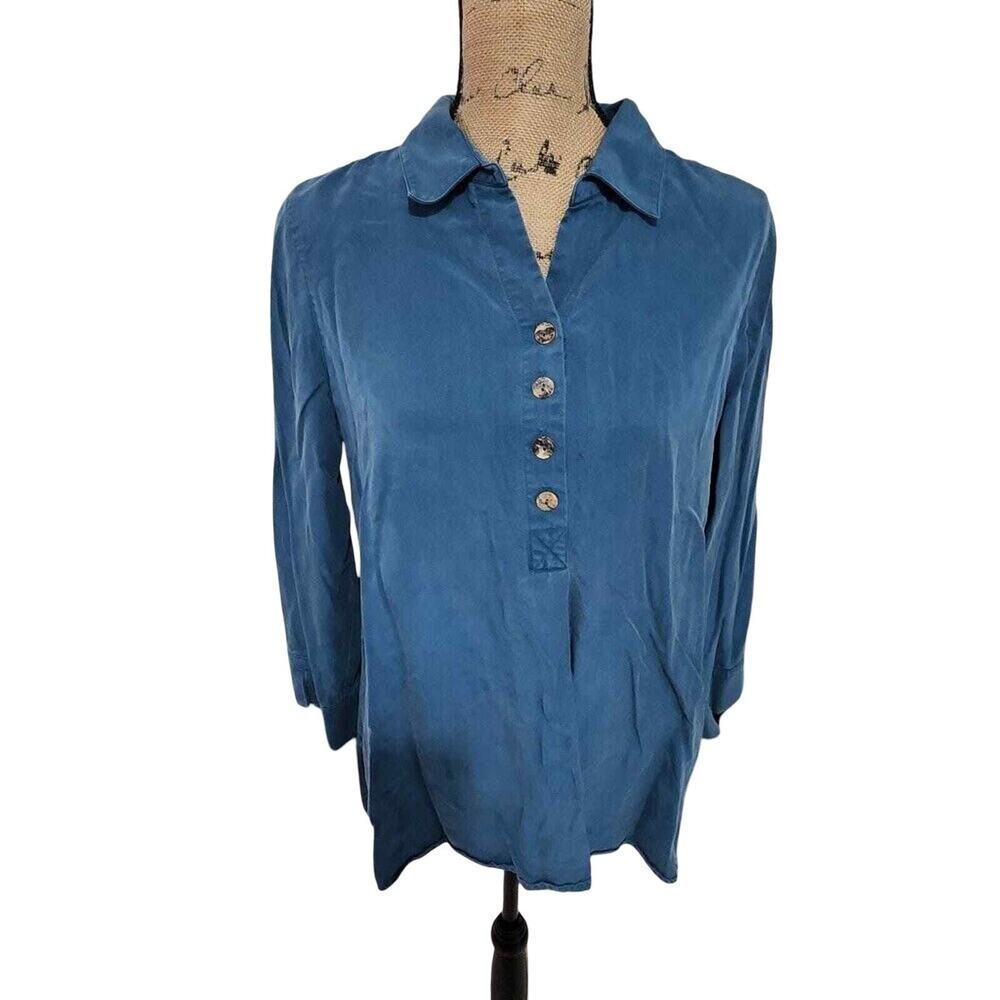Soft Surroundings Teal Blue Tencel Lyocell Button Back Tunic Top Womens Medium